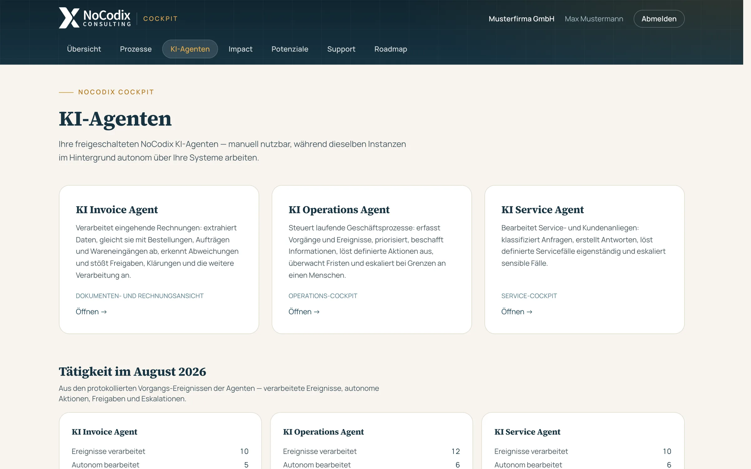 NoCodix Cockpit: freigeschaltete KI-Agenten (Invoice, Operations, Service) mit Tätigkeit im laufenden Monat