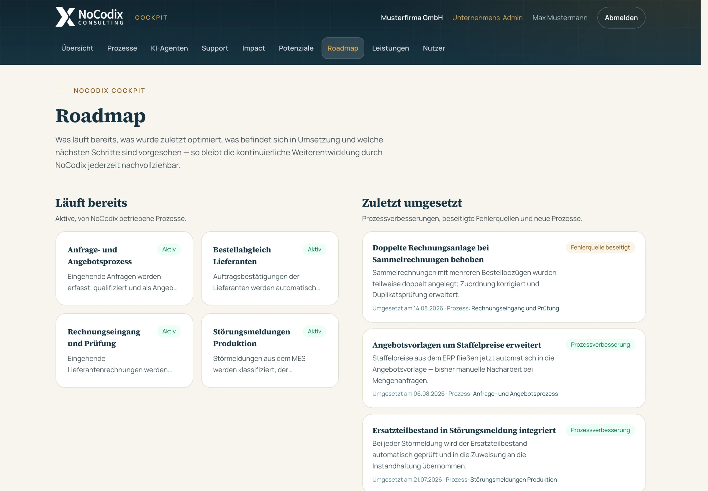 NoCodix Cockpit: Roadmap mit laufenden Prozessen und zuletzt umgesetzten Verbesserungen