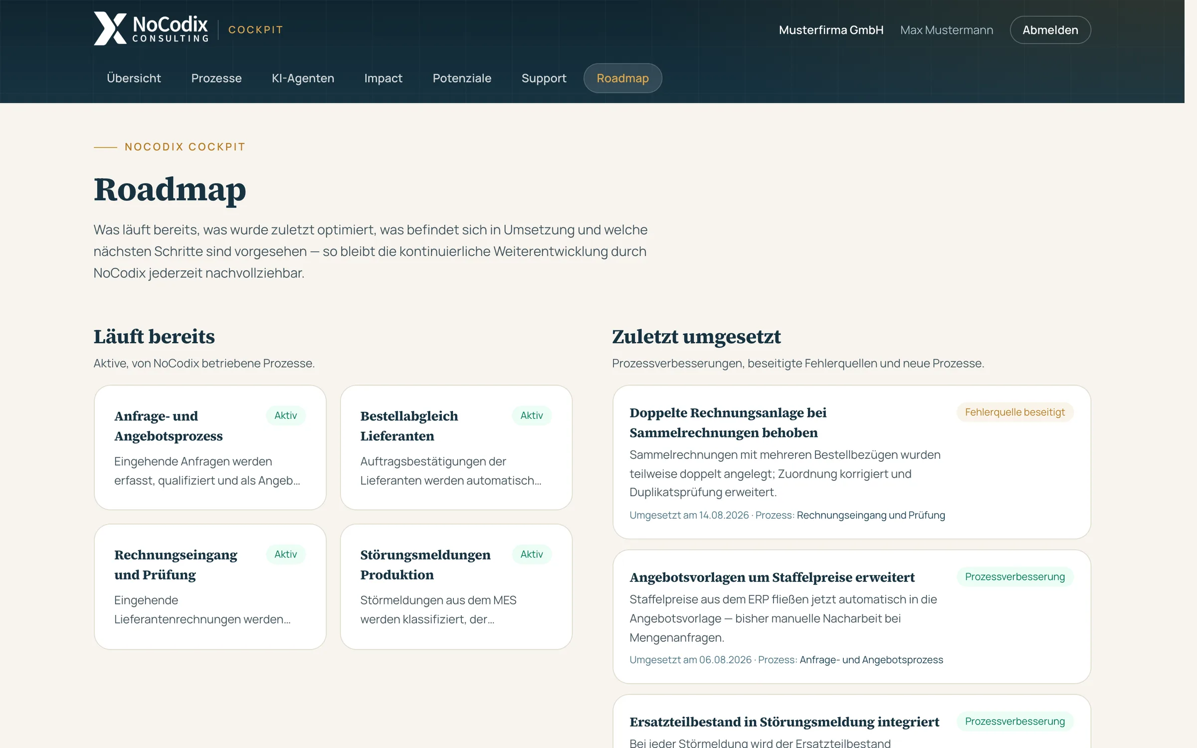 NoCodix Cockpit: Roadmap mit laufenden Prozessen und zuletzt umgesetzten Verbesserungen